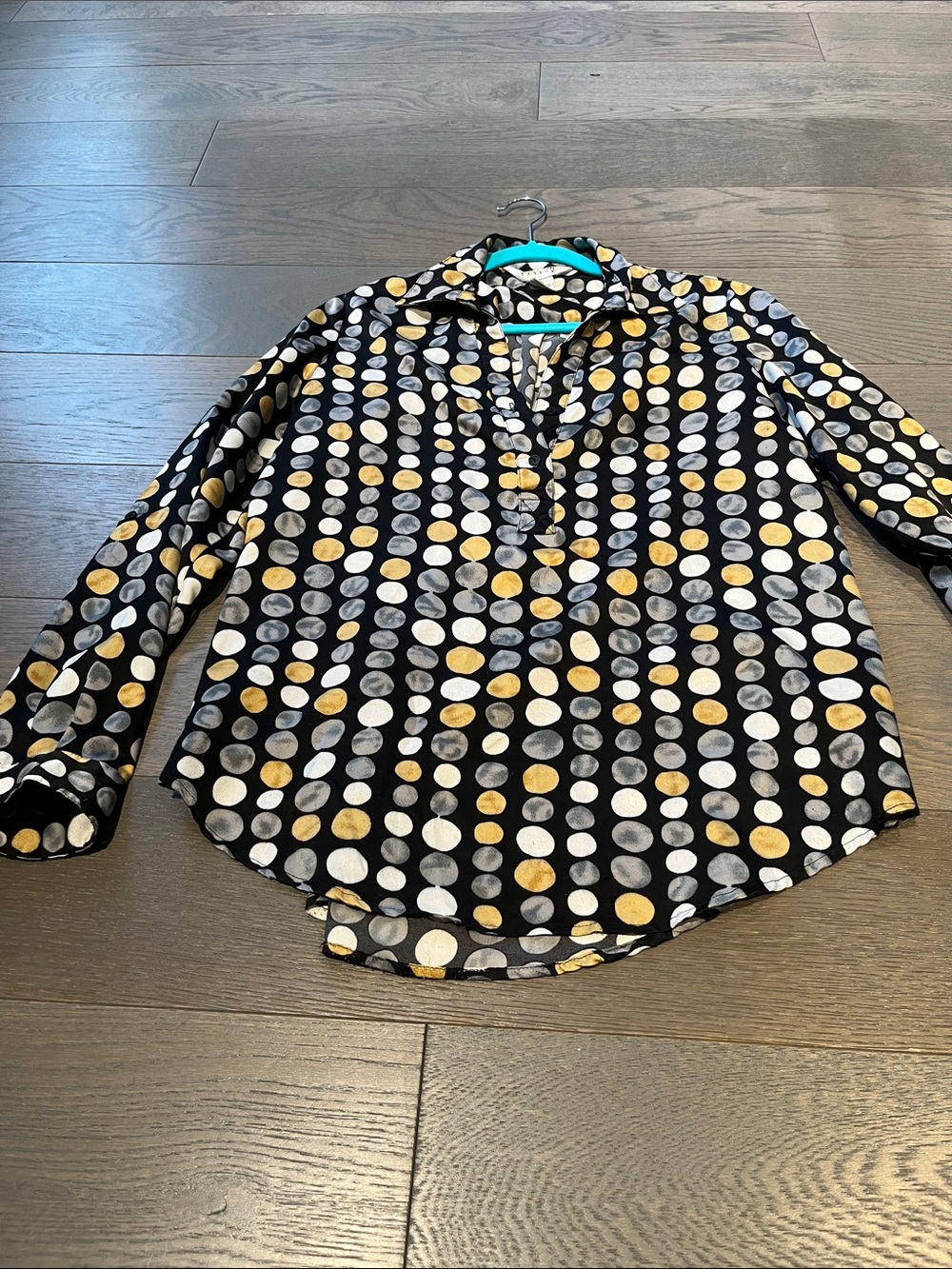 Allison Taylor Black Button-Down Shirt with Gold and White Polka Dots